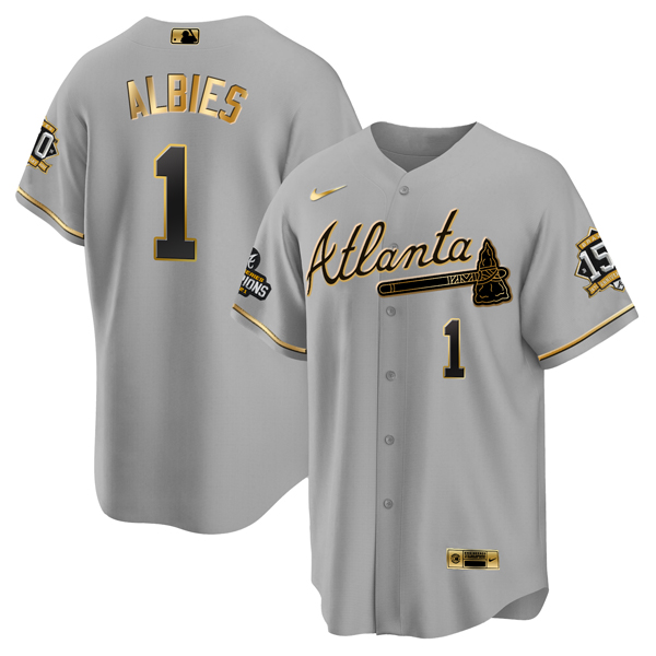 Men's Atlanta Braves #1 Ozzie Albies 2021 Gray/Gold World Series Champions With 150th Anniversary Patch Cool Base Stitched Jersey